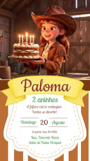 Convite de Aniversário Cowgirl 3D para Editar e Enviar