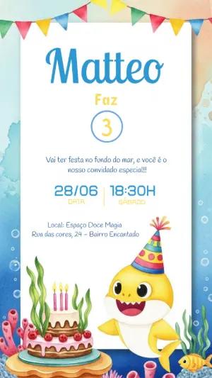 Convite de Aniversário Baby Shark Editável Online para Imprimir