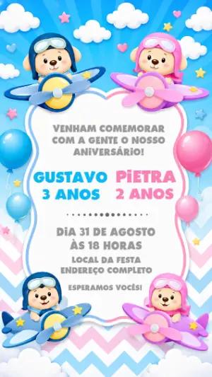 Convite de Aniversário Duplo Ursinhos Aviadores Editável