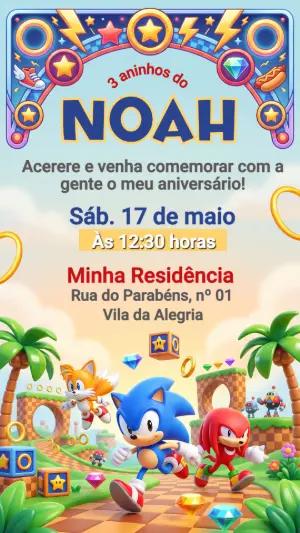 Convite de Aniversário Infantil Tema Sonic Game Editável