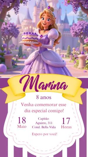 Convite de Aniversário Princesa Lilás 3D para Editar
