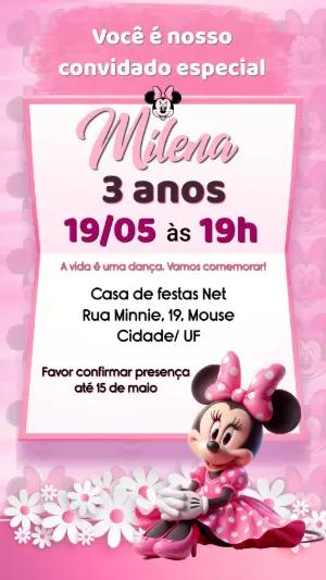 Convite de Aniversário Minnie Rosa Editável para Menina