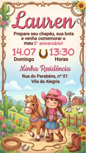 Convite de Aniversário Cowgirl Infantil Editável