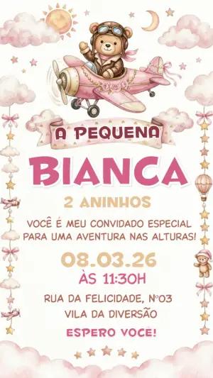 Convite Aniversário Ursinha Aviadora Aquarela Editável