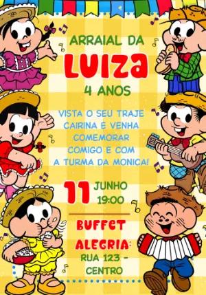 Convite de Aniversário Arraial Turma da Mônica para Editar