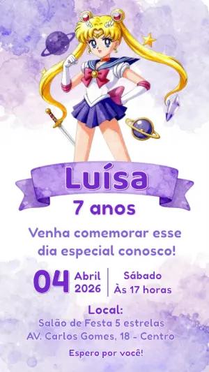 Convite Digital Aniversário Infantil Tema Sailor Moon Editável