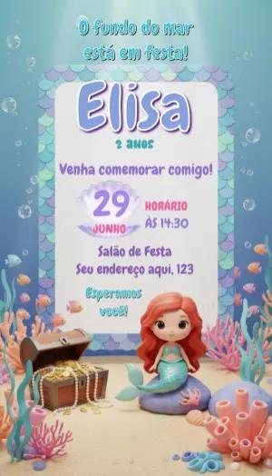 Convite Digital de Aniversário Infantil Sereia para Editar