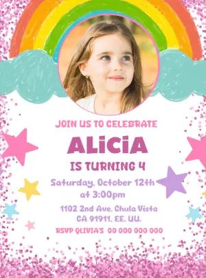 Glitter Rainbow Birthday Invitation with Photo - Editable