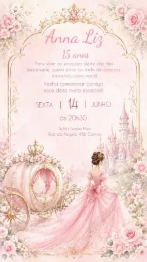 Convite de 15 Anos Princesa Rosa e Dourado Editável