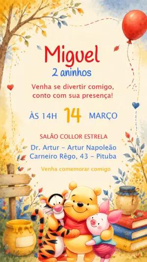 Convite de Aniversário Ursinho Pooh Aquarela Modelo Editável