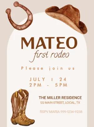 Editable First Rodeo Cowboy Birthday Invitation