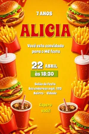 Convite de Aniversário Fast Food Colorido para Editar