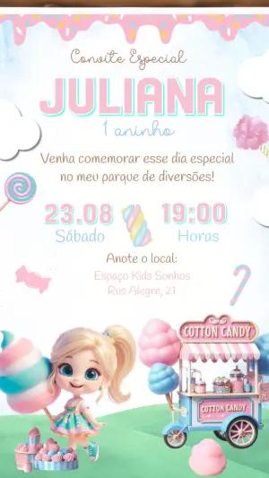 Convite Aniversário Algodão Doce Menina para Editar Online