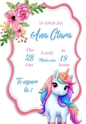 Convite de Aniversário Unicórnio Fofo para Editar Online