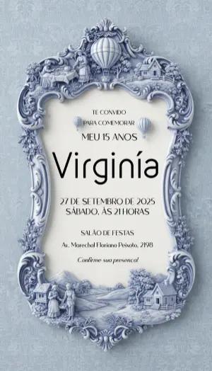 Convite de 15 Anos Clássico Estilo Porcelana Azul Editável