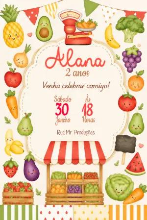 Convite Digital Festa Feirinha com Frutas e Legumes Editável