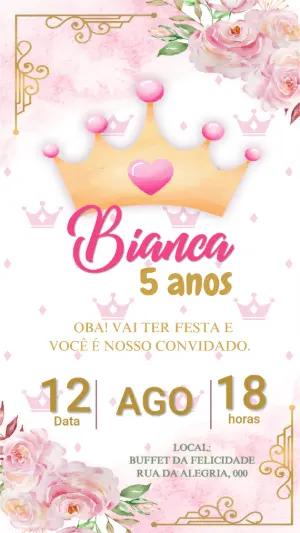 Convite de Aniversário Princesa Rosa e Dourado Editável