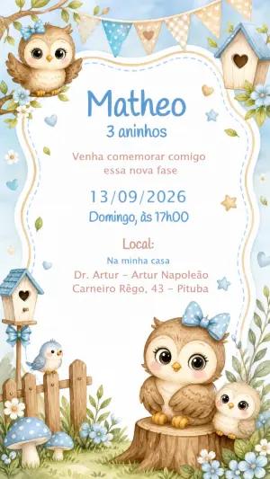 Convite de Aniversário Corujinha Menino para Editar Online