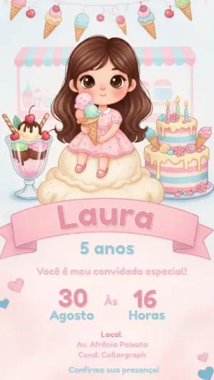 Convite de Aniversário Sorveteria Fofo para Editar