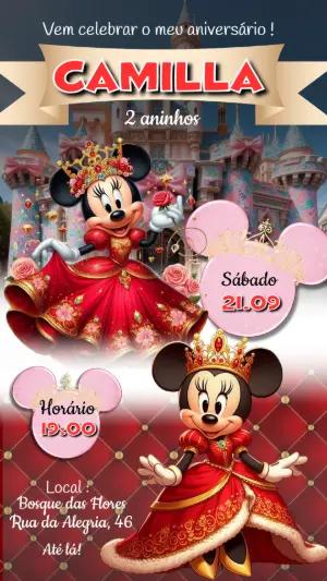 Vídeo Convite Minnie Realeza Vermelha para Aniversário Editável