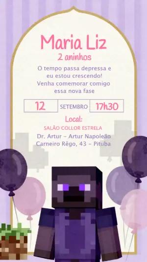 Convite de Aniversário Minecraft Menina Lilás Editável