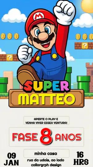 Convite de Aniversário Super Mario Editável para Festa Infantil