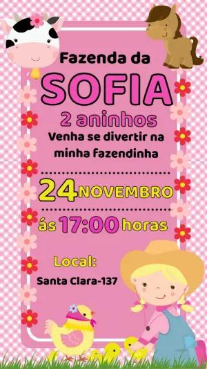Convite de Aniversário Fazendinha Rosa para Menina Editável