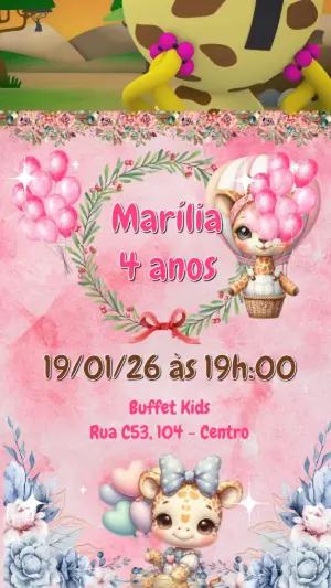 Convite Animado Aniversário Girafinha Fofa para Editar