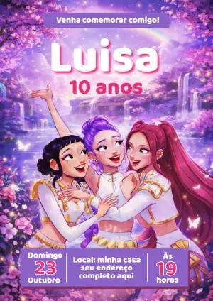 Convite de Aniversário Guerreiras K-pop Roxo Editável