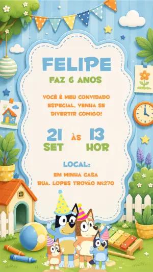 Convite de Aniversário Bluey Infantil para Editar