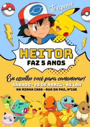 Convite de Aniversário Pokémon com Ash e Pikachu para Editar