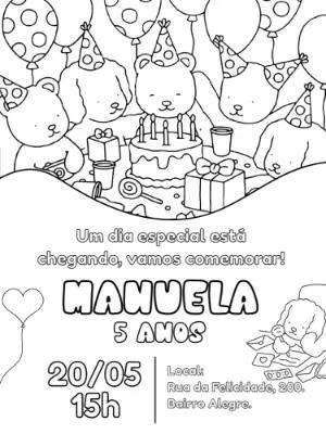 Convite de Aniversário Fofo para Colorir Editável Online