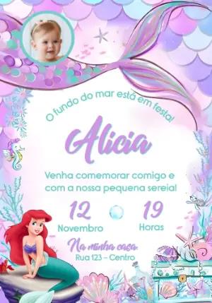Convite Digital Aniversário Pequena Sereia com Foto para Editar