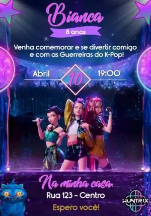Convite de Aniversário Guerreiras do K-Pop Modelo Editável