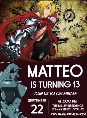 Fullmetal Alchemist Birthday Invitation Template, Editable