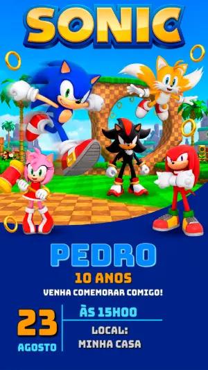 Convite Digital Tema Sonic para Aniversário Infantil Editável