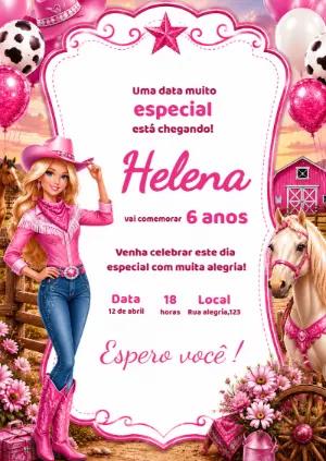 Convite Editável de Aniversário Barbie Cowgirl