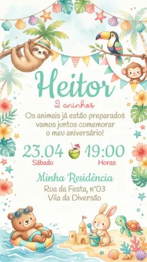 Convite de Aniversário Animais na Praia Editável