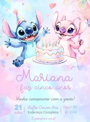 Convite de Aniversário Stitch e Angel Aquarela para Editar