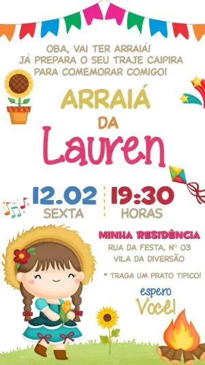 Convite de Aniversário Arraiá Menina Caipira Editável