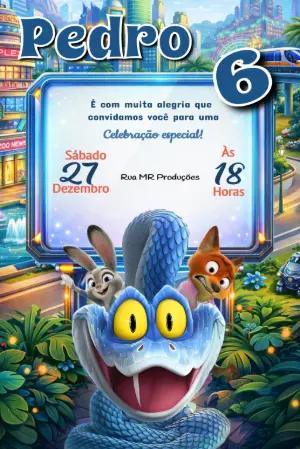 Convite de Aniversário Zootopia Infantil para Editar