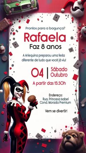 Convite de Aniversário Arlequina para Editar e Enviar Online
