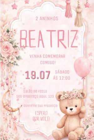 Convite de Aniversário Ursinha Boho Rosa Editável