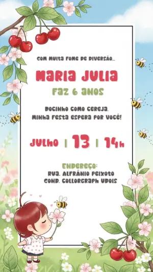 Convite de Aniversário Cereja com Menina para Editar Online