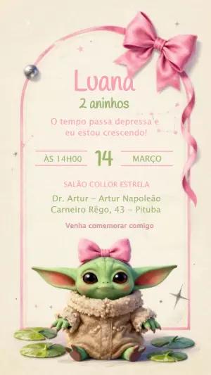 Convite de Aniversário Baby Yoda Menina Rosa Editável