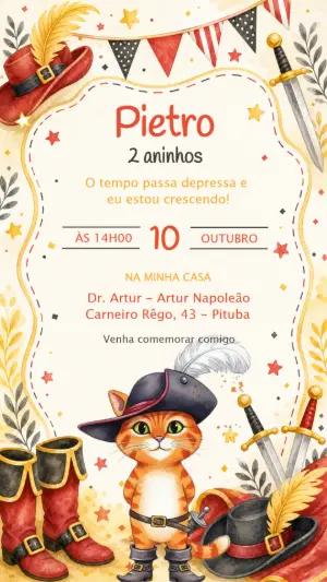 Convite Aniversário Gato de Botas Aquarela Editável