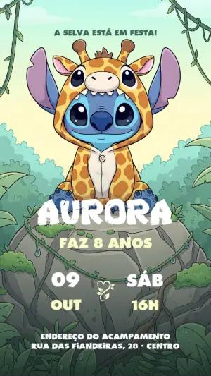 Convite de Aniversário Stitch Girafa Editável com Tema Selva