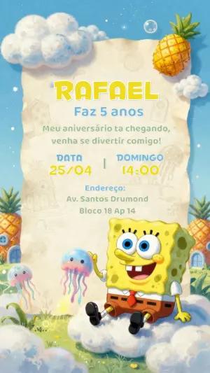 Convite de Aniversário Bob Esponja Ilustrado para Editar