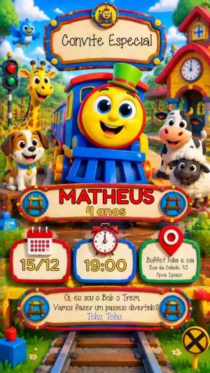 Convite de Aniversário Bob o Trem para Editar Online