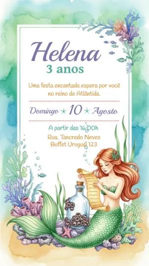 Convite de Aniversário Pequena Sereia para Editar Online